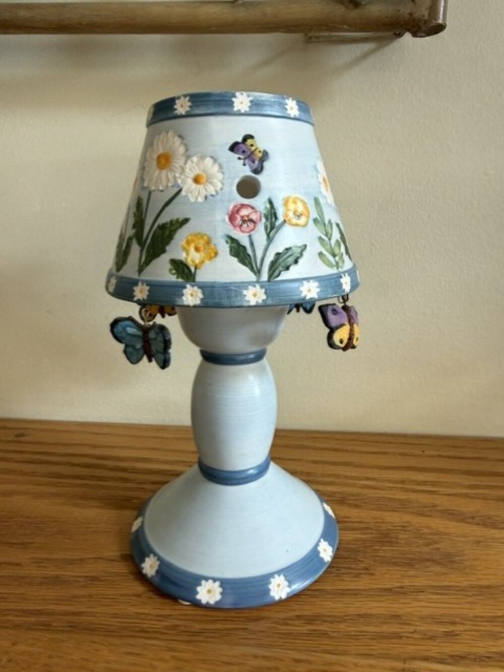 Vintage Yankee Candle T/L Holder Hand Painted 2 Piece w/Dangling Butterflies